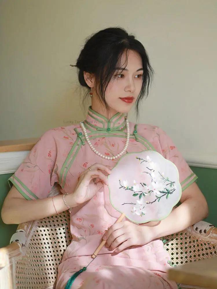 New Chinese Style Women Improved Flower Cheongsam Hanfu Dress Pink Young Lady Daily Summer Vintage Cheongsam Qipao D